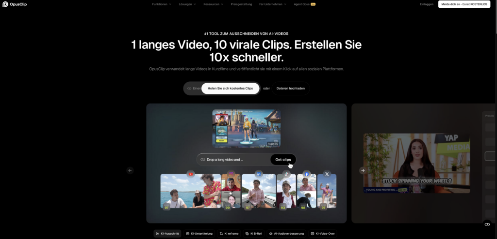 Screenshot der Benutzeroberfläche von Opus Clip.