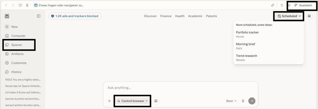 Comet AI: So findest Du „Spaces“, „Scheduled Tasks“ und den „Assistent“