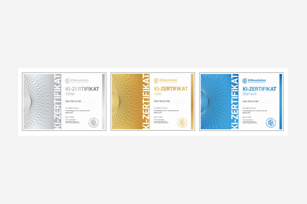 Die drei KIRevolutions Zertifikate sind zu sehen: Silber, Gold und Diamant
