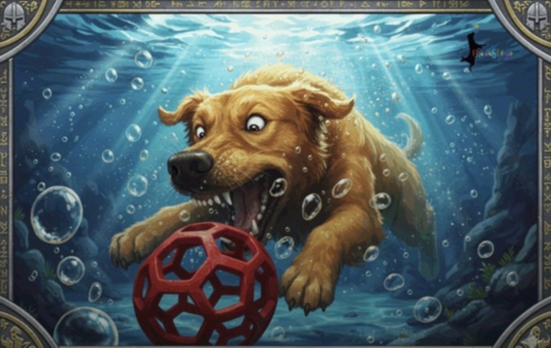 KI-generierte Comic-Illustration eines Hundes unter Wasser mit rotem Ball
