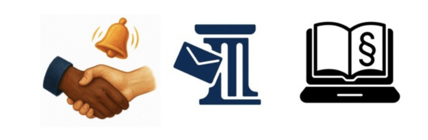 Drei KI-generierte Logos: Handschlag mit Glocke, Briefumschlag mit Säulengebäude, Laptop mit Gesetzesbuch